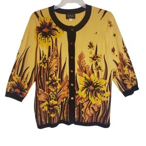 Bob Mackie women's large wearable art floral print button down fall cartigan.